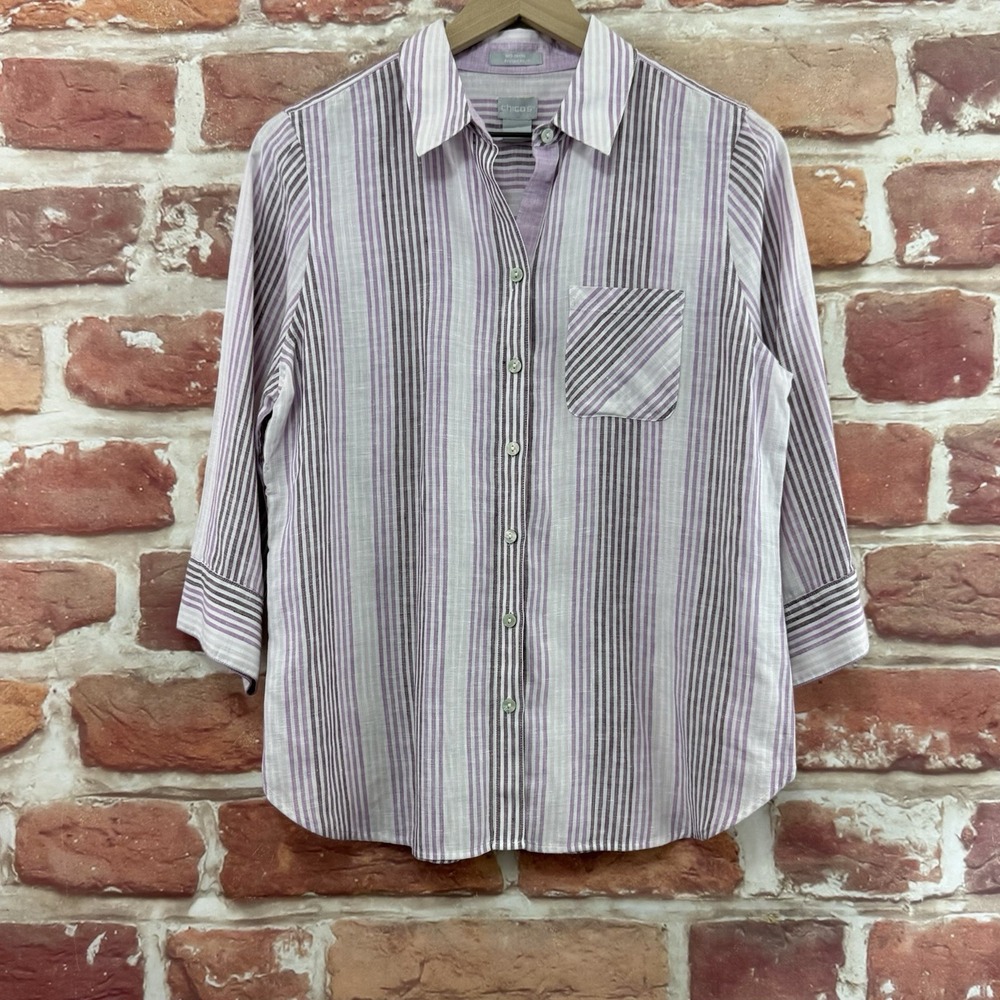 Chicos FreshChic Top Womens S Purple 100%  Linen Striped Button Up Casual Career
